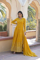 Elegant Readymade Yellow Gown with Dupatta - Faux Georgette Fabric with Zari & Sequins Embroidery.