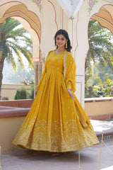 Elegant Readymade Yellow Gown with Dupatta - Faux Georgette Fabric with Zari & Sequins Embroidery.