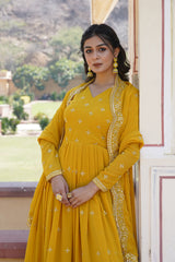 Elegant Readymade Yellow Gown with Dupatta - Faux Georgette Fabric with Zari & Sequins Embroidery.