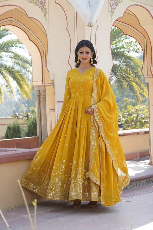 Elegant Readymade Yellow Gown with Dupatta - Faux Georgette Fabric with Zari & Sequins Embroidery.