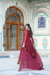 Elegant Readymade Maroon Color Gown with Dupatta Set - Nylon Jacquard Butti and Zari Sequins Embroidery.