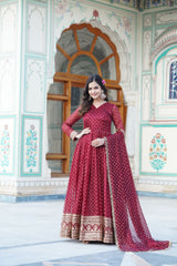 Elegant Readymade Maroon Color Gown with Dupatta Set - Nylon Jacquard Butti and Zari Sequins Embroidery.