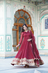 Elegant Readymade Maroon Color Gown with Dupatta Set - Nylon Jacquard Butti and Zari Sequins Embroidery.