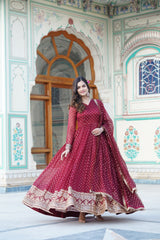 Elegant Readymade Maroon Color Gown with Dupatta Set - Nylon Jacquard Butti and Zari Sequins Embroidery.