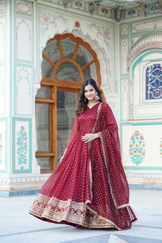 Elegant Readymade Maroon Color Gown with Dupatta Set - Nylon Jacquard Butti and Zari Sequins Embroidery.