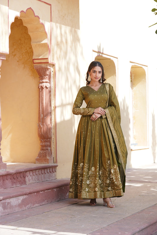 Premium Readymade Mahendi Color Gown with Dupatta Set - Viscose Cosmos Fabric with Zari & Sequins Embroidery.