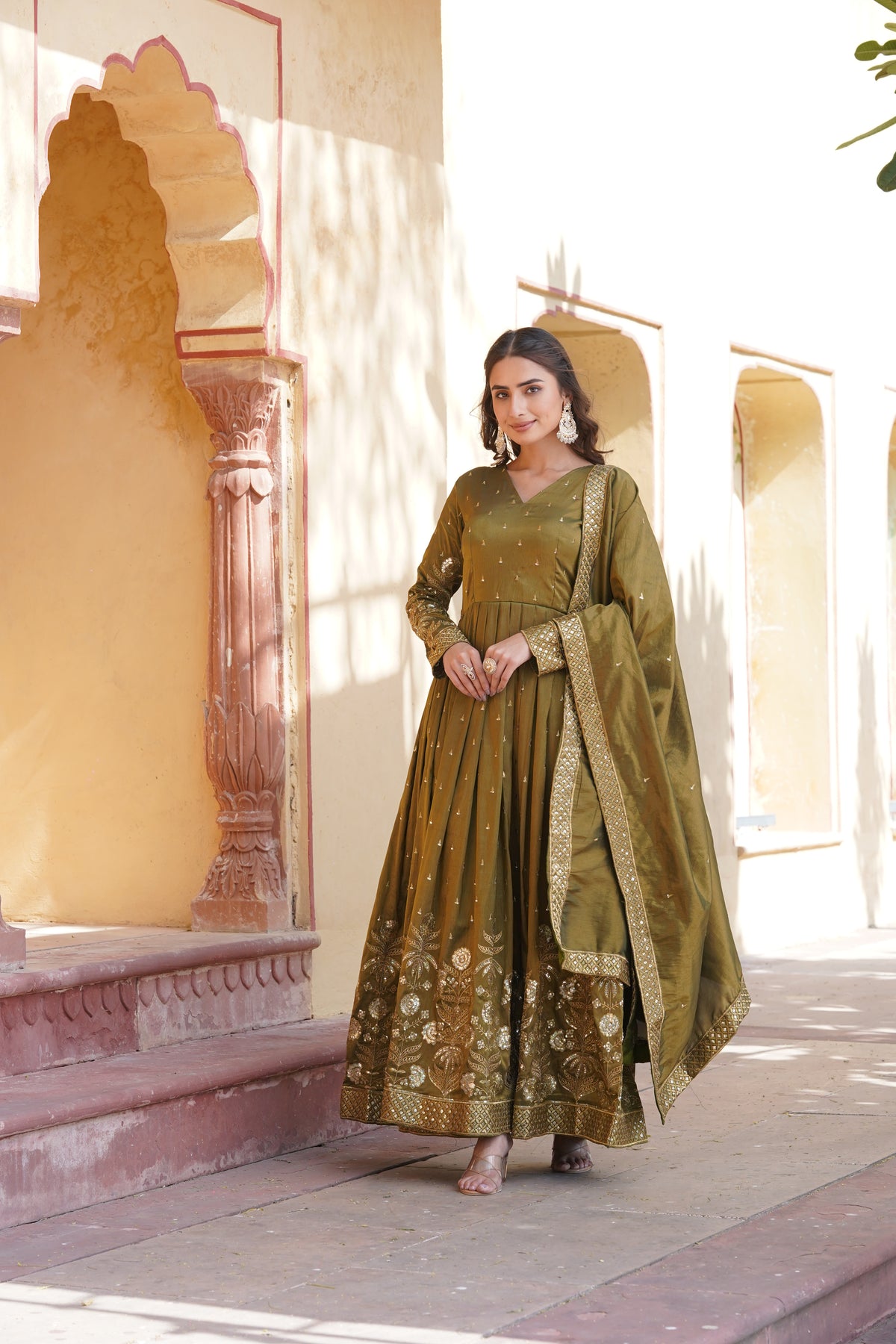 Premium Readymade Mahendi Color Gown with Dupatta Set - Viscose Cosmos Fabric with Zari & Sequins Embroidery.