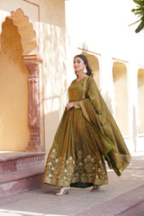 Premium Readymade Mahendi Color Gown with Dupatta Set - Viscose Cosmos Fabric with Zari & Sequins Embroidery.