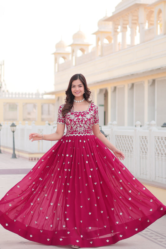 Trendsetting Pink Color Gown with Coding Sequins Embroidery - Faux Blooming Fabric | Aspirational Women's Fashion.