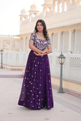 Purple Trendsetting Gown with Coding Sequins Embroidery - Faux Blooming Fabric | Aspirational Women's Fashion.