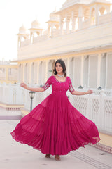 Luxury Designer Pink Gown in Faux Blooming Fabric with Zari & Sequins Embroidery – High-Quality Ethnic Wear for Desirable Women.