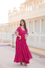 Luxury Designer Pink Gown in Faux Blooming Fabric with Zari & Sequins Embroidery – High-Quality Ethnic Wear for Desirable Women.