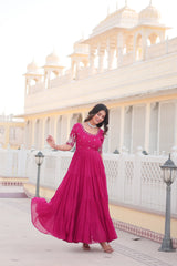 Luxury Designer Pink Gown in Faux Blooming Fabric with Zari & Sequins Embroidery – High-Quality Ethnic Wear for Desirable Women.