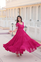 Luxury Designer Pink Gown in Faux Blooming Fabric with Zari & Sequins Embroidery – High-Quality Ethnic Wear for Desirable Women.