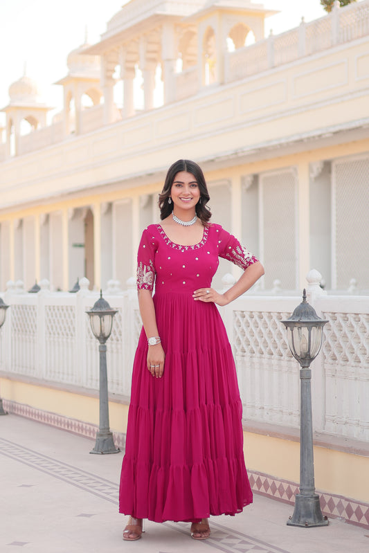 Luxury Designer Pink Gown in Faux Blooming Fabric with Zari & Sequins Embroidery – High-Quality Ethnic Wear for Desirable Women.