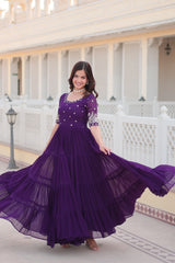 Luxury Designer Purple Gown in Faux Blooming Fabric with Zari & Sequins Embroidery – High-Quality Ethnic Wear for Desirable Women.