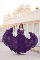 Luxury Designer Purple Gown in Faux Blooming Fabric with Zari & Sequins Embroidery – High-Quality Ethnic Wear for Desirable Women.