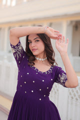 Luxury Designer Purple Gown in Faux Blooming Fabric with Zari & Sequins Embroidery – High-Quality Ethnic Wear for Desirable Women.