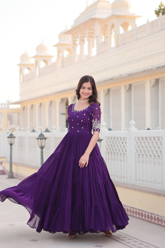 Luxury Designer Purple Gown in Faux Blooming Fabric with Zari & Sequins Embroidery – High-Quality Ethnic Wear for Desirable Women.