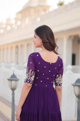 Luxury Designer Purple Gown in Faux Blooming Fabric with Zari & Sequins Embroidery – High-Quality Ethnic Wear for Desirable Women.