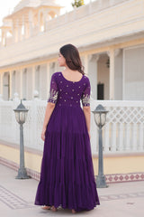 Luxury Designer Purple Gown in Faux Blooming Fabric with Zari & Sequins Embroidery – High-Quality Ethnic Wear for Desirable Women.