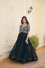 Luxury Designer Rama Color Gown for Women - High-Quality Faux Blooming Fabric with Zari Thread & Sequins Embroidery.