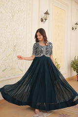 Luxury Designer Rama Color Gown for Women - High-Quality Faux Blooming Fabric with Zari Thread & Sequins Embroidery.