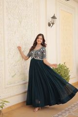 Luxury Designer Rama Color Gown for Women - High-Quality Faux Blooming Fabric with Zari Thread & Sequins Embroidery.