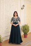 Luxury Designer Rama Color Gown for Women - High-Quality Faux Blooming Fabric with Zari Thread & Sequins Embroidery.
