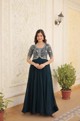 Luxury Designer Rama Color Gown for Women - High-Quality Faux Blooming Fabric with Zari Thread & Sequins Embroidery.