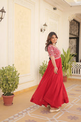 Luxury Designer Red Gown for Women - High-Quality Faux Blooming Fabric with Zari Thread & Sequins Embroidery.