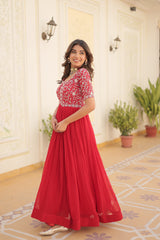 Luxury Designer Red Gown for Women - High-Quality Faux Blooming Fabric with Zari Thread & Sequins Embroidery.