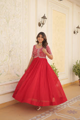 Luxury Designer Red Gown for Women - High-Quality Faux Blooming Fabric with Zari Thread & Sequins Embroidery.