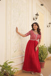 Luxury Designer Red Gown for Women - High-Quality Faux Blooming Fabric with Zari Thread & Sequins Embroidery.