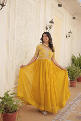 Luxury Designer Yellow Gown for Women - High-Quality Faux Blooming Fabric with Zari Thread & Sequins EmbroideryLuxury Designer Gown for Women - High-Quality Faux Blooming Fabric with Zari Thread & Sequins Embroidery.