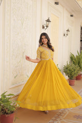 Luxury Designer Yellow Gown for Women - High-Quality Faux Blooming Fabric with Zari Thread & Sequins EmbroideryLuxury Designer Gown for Women - High-Quality Faux Blooming Fabric with Zari Thread & Sequins Embroidery.