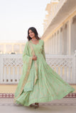 Premium Pista Color Faux Georgette Gown with Zari & Sequins Embroidery and Matching Dupatta with Designer Lace Border.