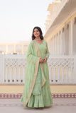 Premium Pista Color Faux Georgette Gown with Zari & Sequins Embroidery and Matching Dupatta with Designer Lace Border.