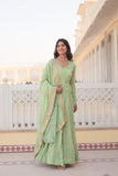 Premium Pista Color Faux Georgette Gown with Zari & Sequins Embroidery and Matching Dupatta with Designer Lace Border.