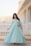Premium Sky Color Faux Georgette Gown with Zari & Sequins Embroidery and Matching Dupatta with Designer Lace Border.