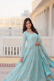 Premium Sky Color Faux Georgette Gown with Zari & Sequins Embroidery and Matching Dupatta with Designer Lace Border.