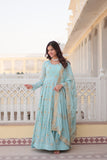 Premium Sky Color Faux Georgette Gown with Zari & Sequins Embroidery and Matching Dupatta with Designer Lace Border.