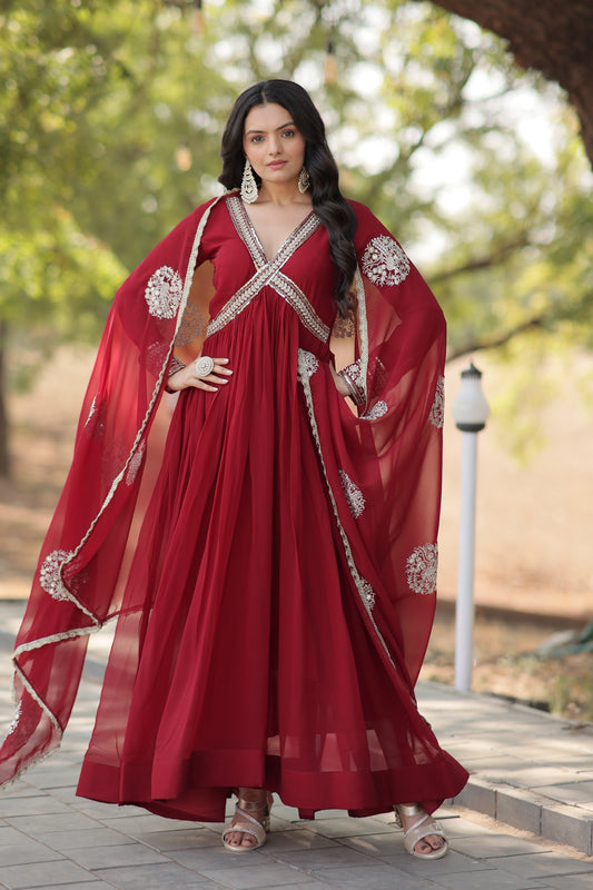 Maroon Color Designer Faux Blooming Gown with Full Sleeves, Zari Sequins Work & Matching Dupatta.