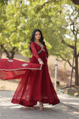 Maroon Color Designer Faux Blooming Gown with Full Sleeves, Zari Sequins Work & Matching Dupatta.