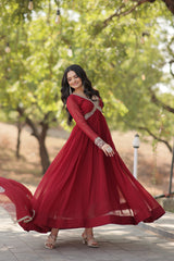 Maroon Color Designer Faux Blooming Gown with Full Sleeves, Zari Sequins Work & Matching Dupatta.