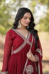 Maroon Color Designer Faux Blooming Gown with Full Sleeves, Zari Sequins Work & Matching Dupatta.