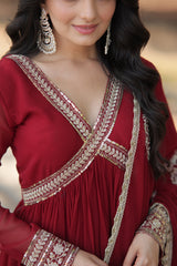 Maroon Color Designer Faux Blooming Gown with Full Sleeves, Zari Sequins Work & Matching Dupatta.