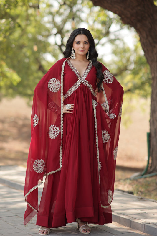 Maroon Color Designer Faux Blooming Gown with Full Sleeves, Zari Sequins Work & Matching Dupatta.