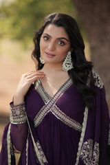 Purple Color Designer Faux Blooming Gown with Full Sleeves, Zari Sequins Work & Matching Dupatta.