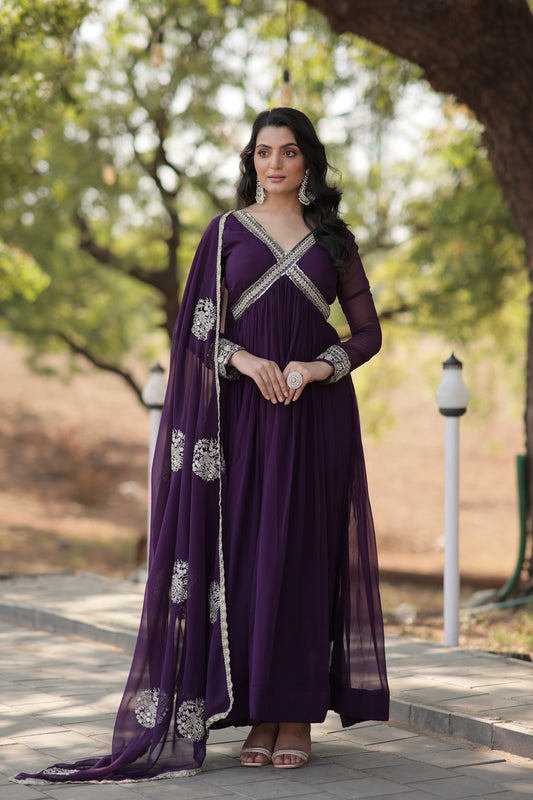 Purple Color Designer Faux Blooming Gown with Full Sleeves, Zari Sequins Work & Matching Dupatta.